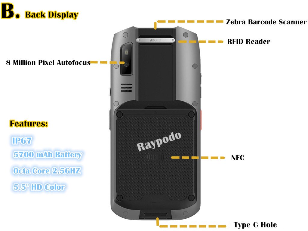 Raypodo OEM F880 PDA Barcode Scanner Devices, Support 1D / 2D UHF Function With Android 7.1 WIFI Rugged Handheld Data Collection Devices B Back display F880 Raypodotech