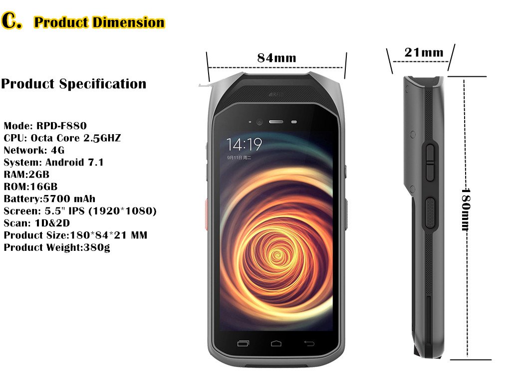 Raypodo OEM F880 PDA Barcode Scanner Devices, Support 1D / 2D UHF Function With Android 7.1 WIFI Rugged Handheld Data Collection Devices C Product Dimension Raypodotech
