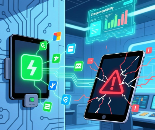 How does the compatibility of operating systems affect the integration of wall mount tablets with third-party software? OS compatibility, Wall mount tablet third party software integration, Software compatibility testing
